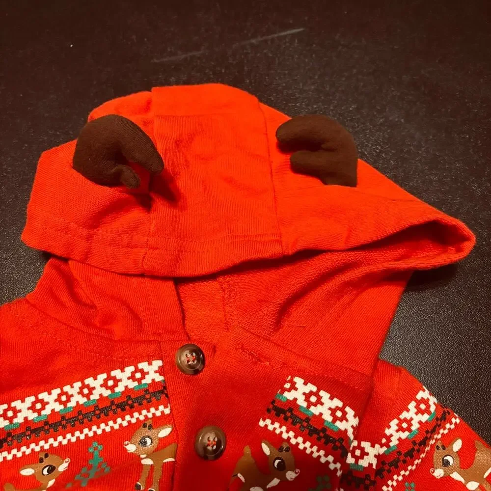 Rudolph Red Hooded Christmas Romper Baby 12M Reindeer Antlers Holiday Outfit